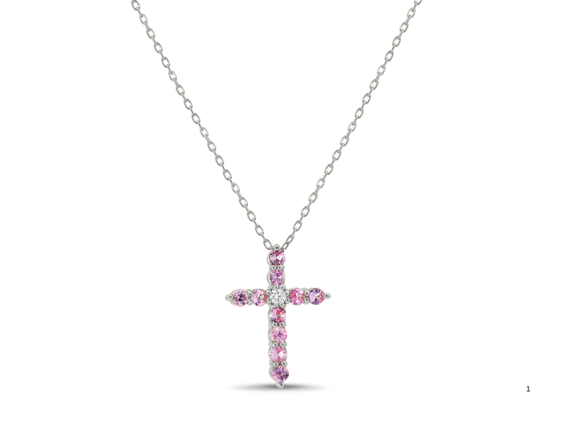 Pink Sapphires & Diamond Cross Necklace